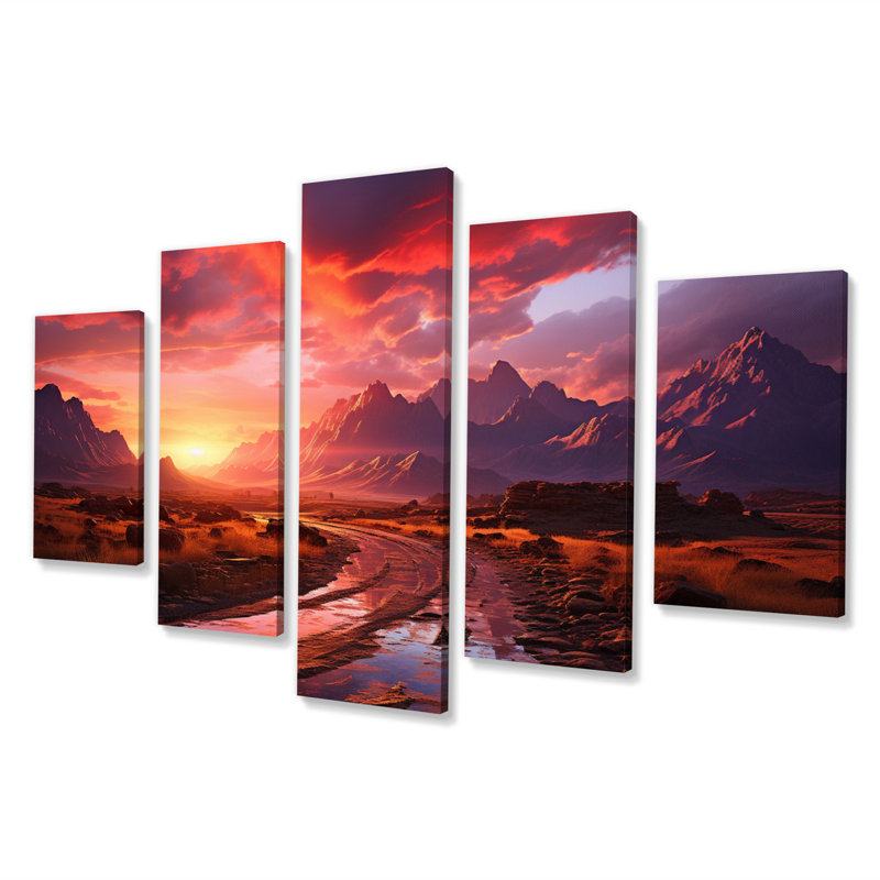 «Purple Sunset Amber Embrace», impression d'art mural paysages - 5 panneaux