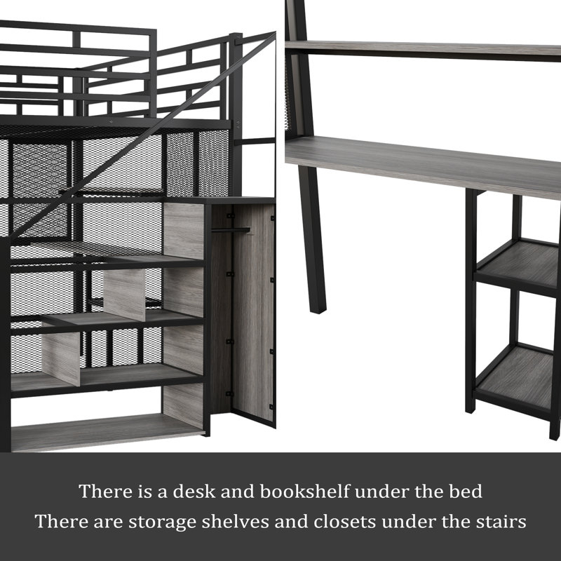 Full Size Metal Loft Bed With Wardrobe, Desk, Storage Shelves, Black