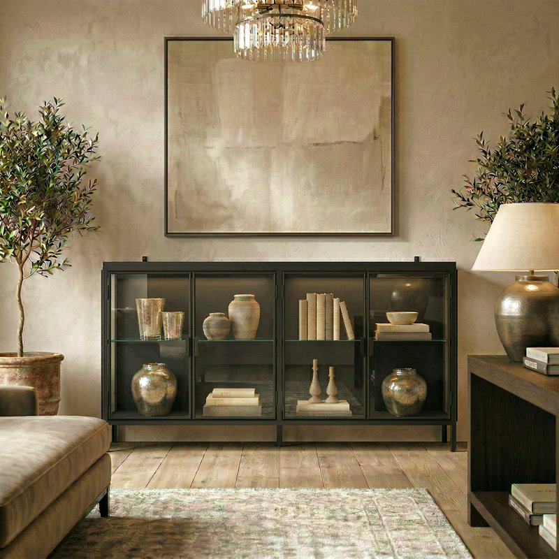 55.1" W 4-Door Glass Display Sideboard with 3-Color LED Lights & Tempered Glass, Black