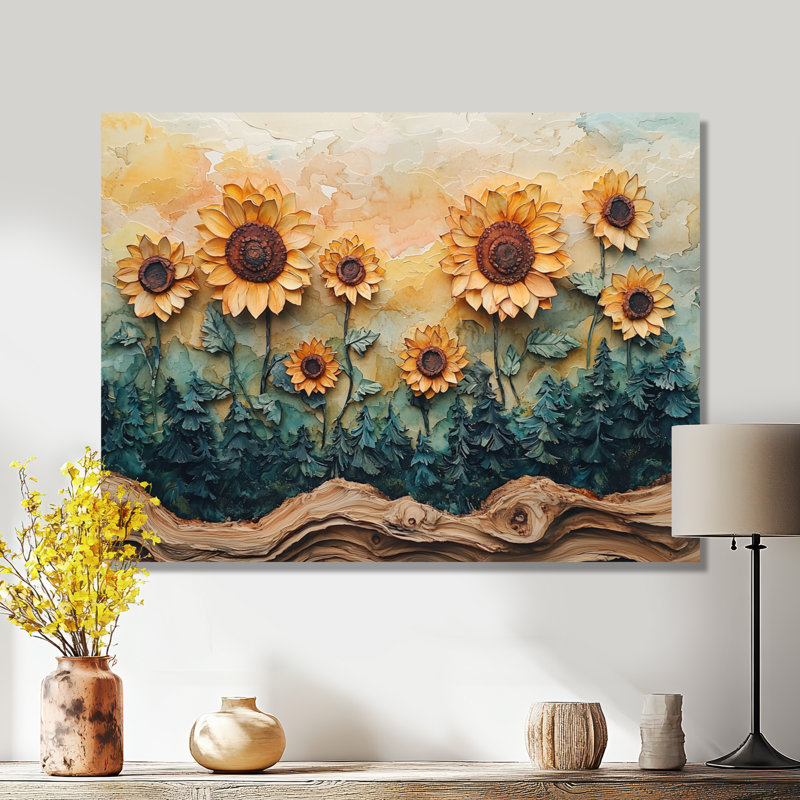 Dirinda tournesols fleurs sur un plateau en bois diapositive I - tournesols, art mural, H 30 po x l 40 po, Ne pas appliquer