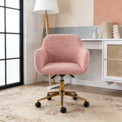 Chaise de bureau moderne en tissu Teddy, hauteur réglable, pivotante à 360°, avec pieds en métal doré
