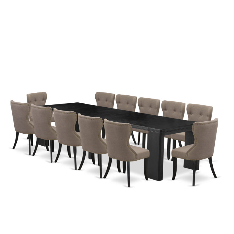 13-piece Modern Dining Room Table Set a Kitchen Table and 12 coffee Linen Fabric Dining Chair, Wire Brushed Black, Coffee