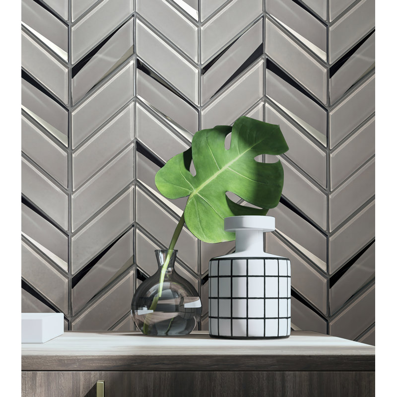 2" x 4.25" Glass Herringbone / Chevron Mosaic Wall Tile, Silver
