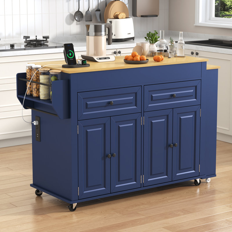 80.63" Extendable Kitchen Island With Power Outlet, 2 Storage Drawers, Open Shelves, Blue