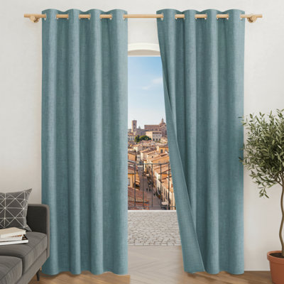 Ensemble de 2 rideaux occultants en lin bleu Lark, 52,1 po x 84,1 po, avec anneaux en métal, isolation thermique et protection solaire, rideaux occultants pour le salon