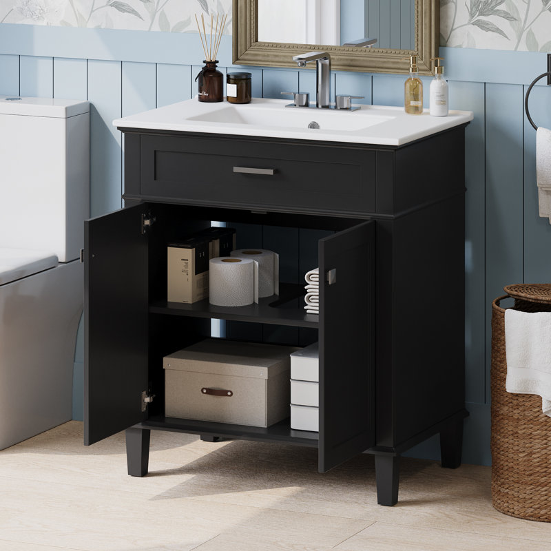Meuble-lavabo simple 30 po avec lavabo en céramique, Noir, noir, noir, noir