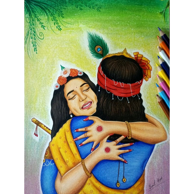 Un câlin émouvant - Radhey Krishna | Art au crayon de couleur par Sunil Kumar