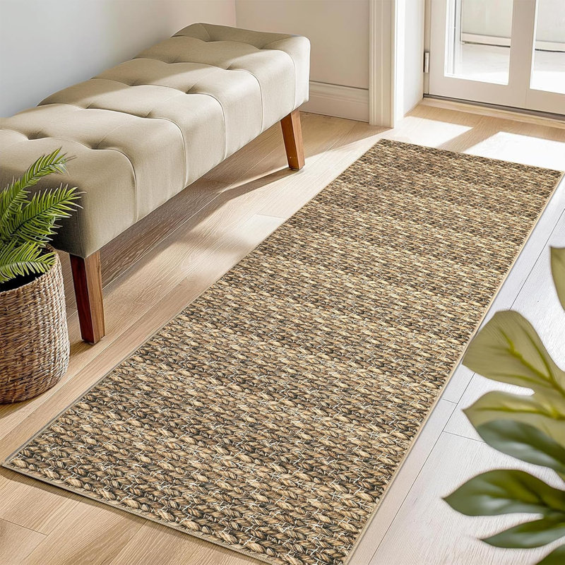 Modern Braided Printed 2x6 Runner Rug Stain Resistant Carpet with Non-Slip Backing Low Pile Floor Cover Kitchen Hallway EntrywayBrown