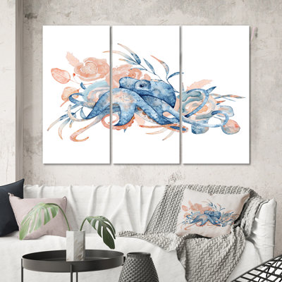 Pieuvre bleue avec fleurs roses - reproduction d'art sur toile nautique et côtière