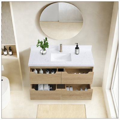Ensemble de meuble-lavabo simple 48 po, meuble-lavabo mural avec plateau blanc, meuble-lavabo flottant avec tiroirs et tablette à fermeture en douceur, meuble-lavabo simple avec plateau