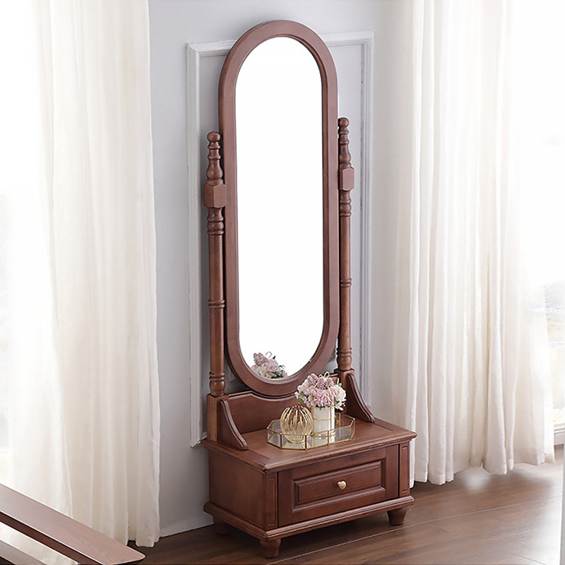 Miroir pleine grandeur en bois d'hévéa arqué de style américain avec tiroirs