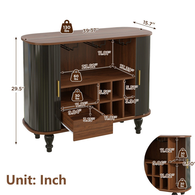39.4" Bar Cabinet, Retro Style Bar Cabinet with Side-sliding Roll-up Doors and 6 Wine Racks, Black
