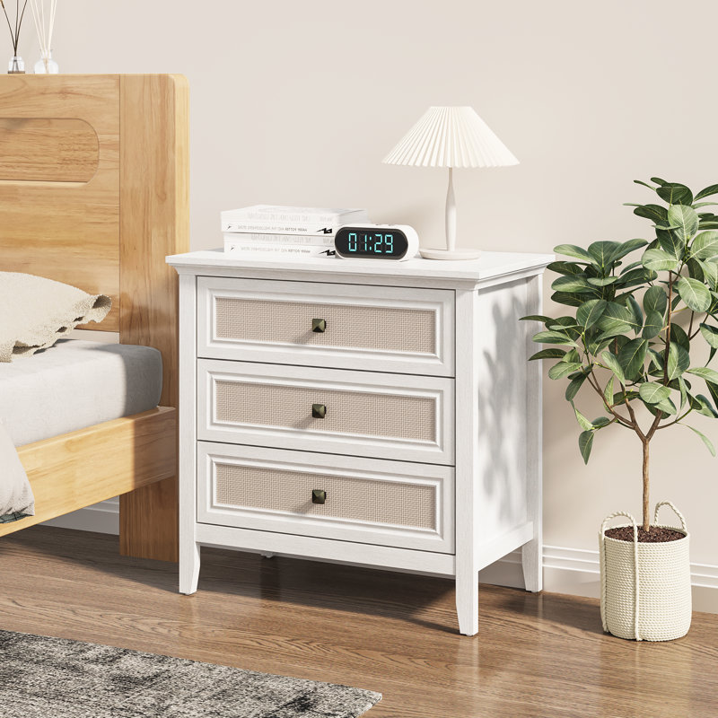 3 - Drawer Dresser Natural Rattan Deco, White