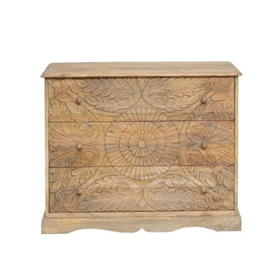 Commode Jade en bois de manguier massif à 3 tiroirs avec façades florales sculptées à la main