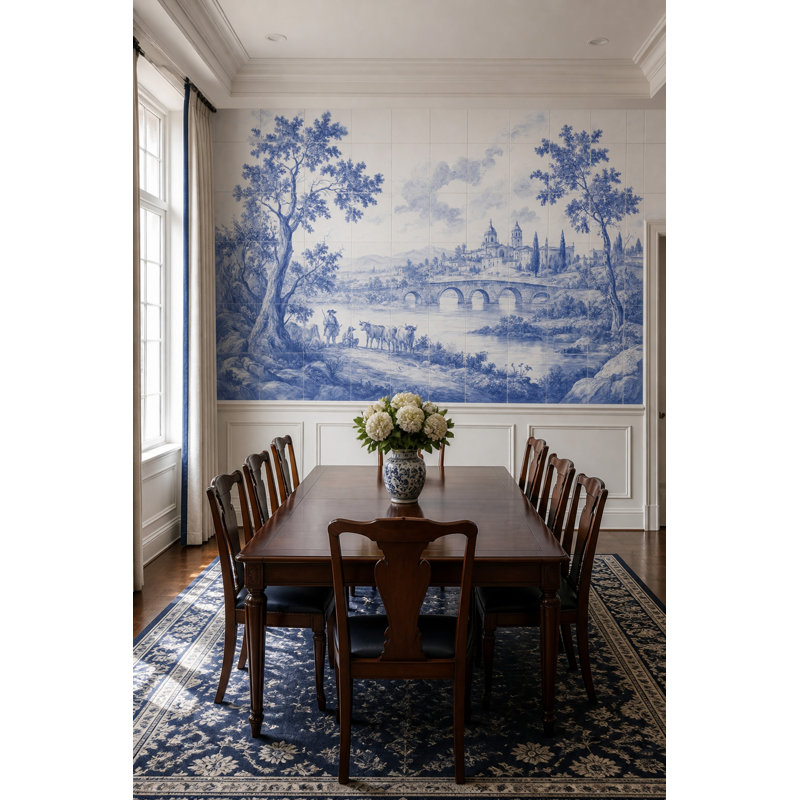 Papier peint mural amovible de style Delft, motif paysage champêtre, décoration murale, 120"x96", Peel and Stick