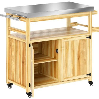 Solid Wood Outdoor Kitchen Island,Outdoor Grill Cart,with Stainless Steel Top,Wheels, Storage Cabinets