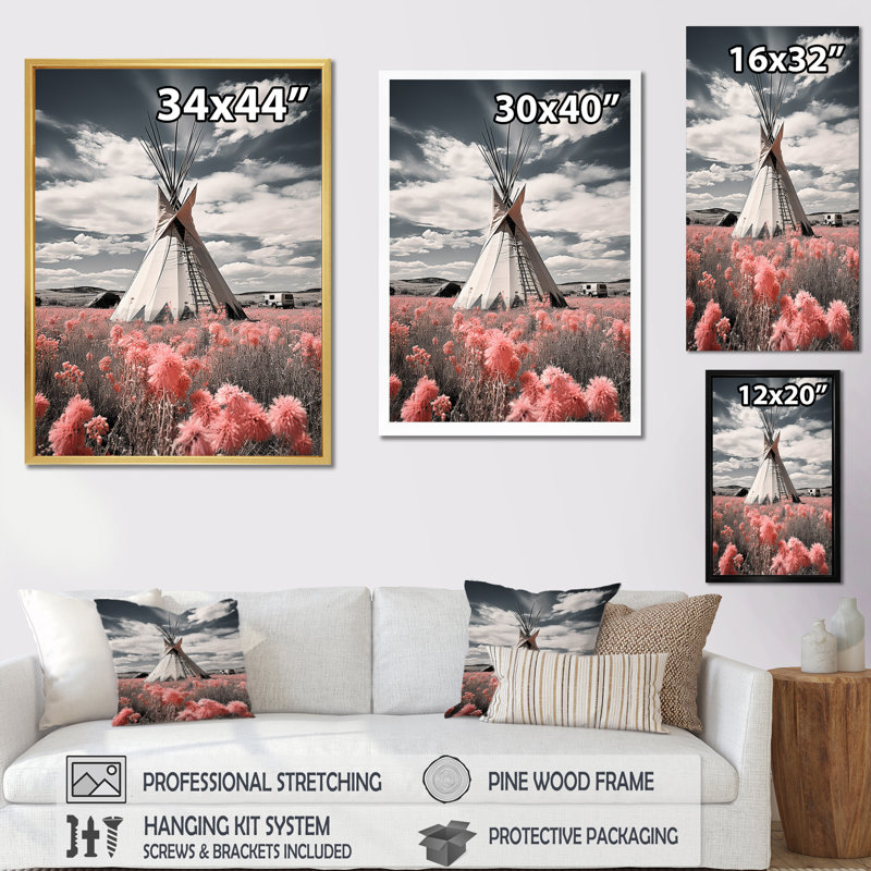 «Native Tipi Serenitys Embrace», reproduction sur toile flottante, H 40 po x l 30 po x P 1,5 po, Cadre flottant blanc