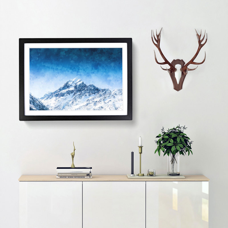Snow Covered Aoraki Mount Cook - Picture Frame Painting Print, 45cm H x 63cm W x 2cm D, Black Framed