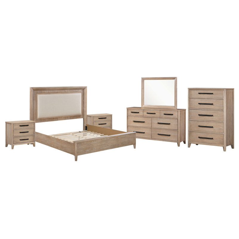 Queen Bed 2 Nightstands Dresser With Mirror & Chest, Queen, 6 Pcs: Bed, 2 Nightstands, Dresser, Mirror, Chest