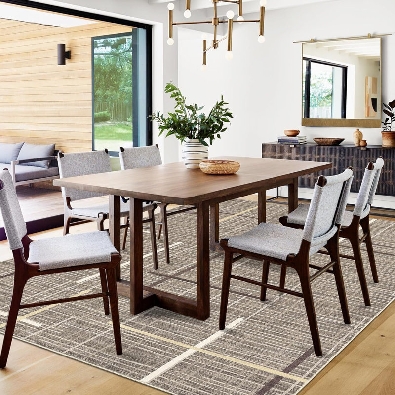 Washable Thin Indoor Rug, Modern Interwoven Lines, Low Pile, Stain-Resistant, Non-Slip for Living Room, Bedroom, Kitchen, Beige