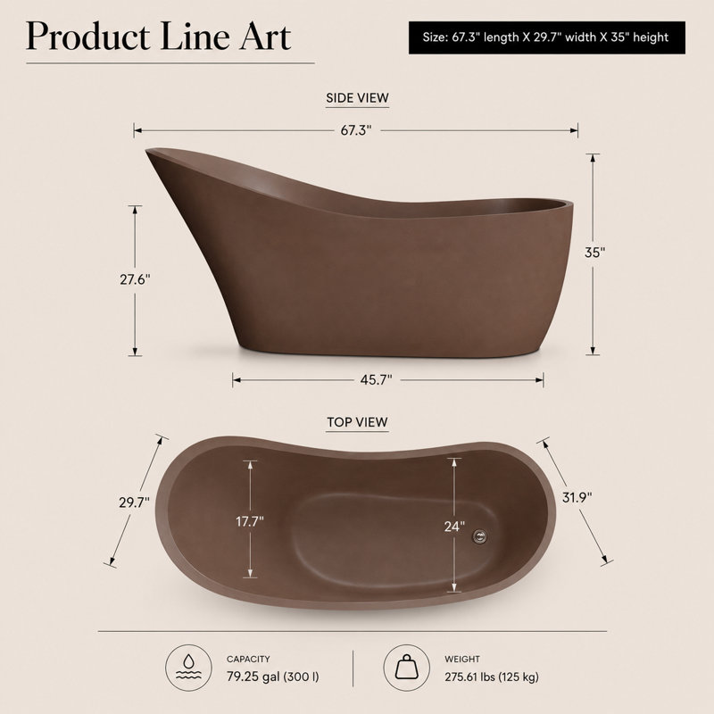 67.3" x 29.7" Freestanding Soaking Cement Bathtub, Brown 