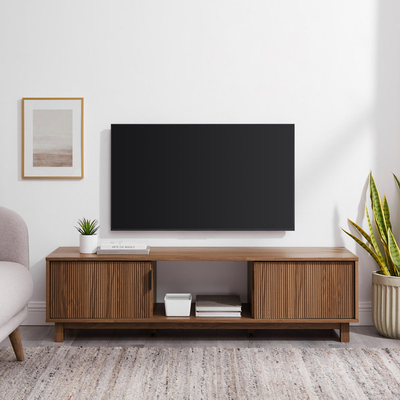 Meuble télé moderne avec porte cannelée minimaliste pour téléviseur de 65 po ou moins, Café