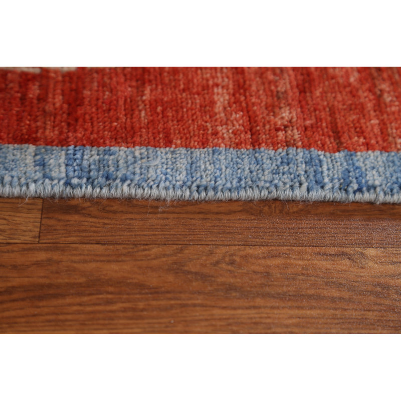 Tapis bleu en laine noué à la main de conception unique 4 pi 10 po x 6 pi 10 po New Age