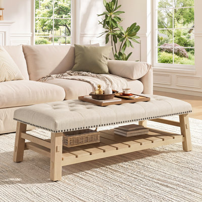 Table basse ottomane rectangulaire capitonnée de 122 cm avec tablette de rangement à lattes, banc rembourré, beige naturel