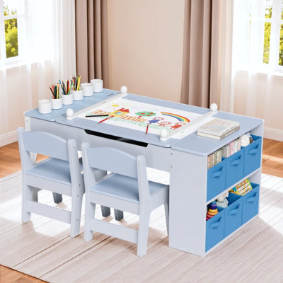 Ensemble de table et chaises pour enfants Philippe Art, chevalet et table d'activités en bois pour enfants avec 2 chaises, bacs de rangement, rouleau de papier, pots de peinture