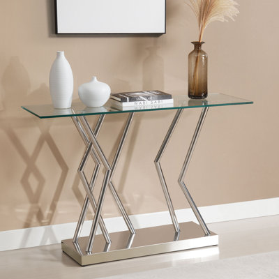 43.3" Modern Rectangle Console Table with Glass Top and Stainless Steel Base
