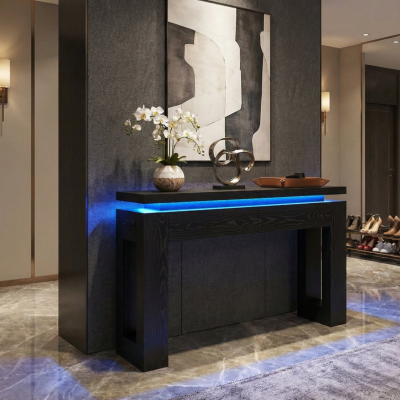 Modern Console Table with LED Lights & Charging Station, Sofa Table with 2 Drawers For Entryway, Hallway or Living Room