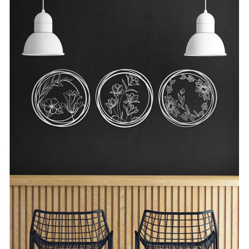 Flowers Metal Wall Art Décor, Floral Wall Set for Housewarming Gift, New Home & Office Decoration, Matte Silver