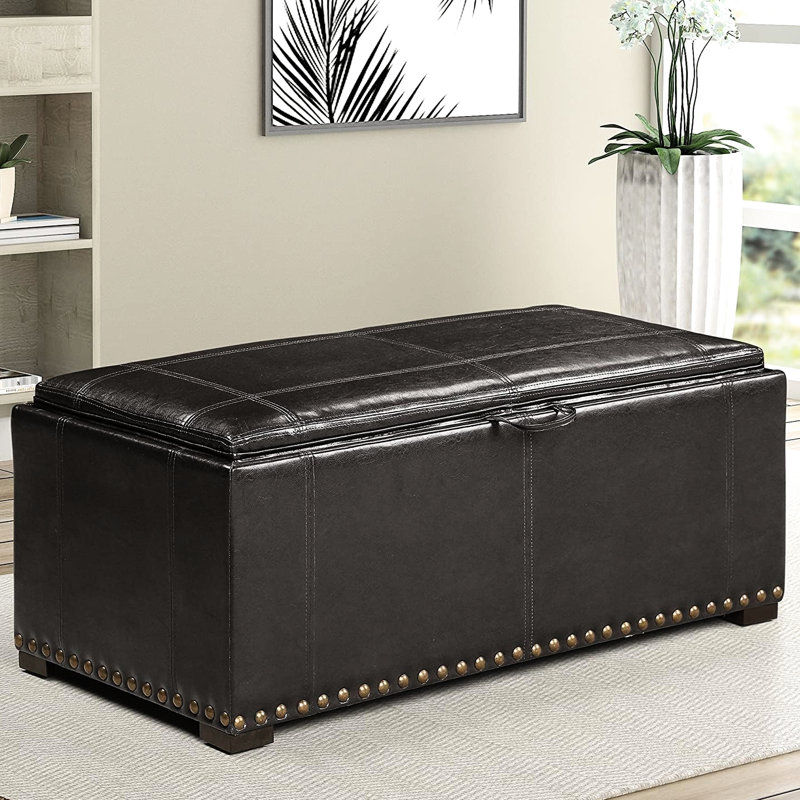Black Leather Storage Bench With 2 Side Ottomans, Can Convert To Table, Suitable For Living Room, Nail Heads Appearance, 16" H X 39.68" W 40" D Bench, 13" 13.5" Ottomans Convertible Design,