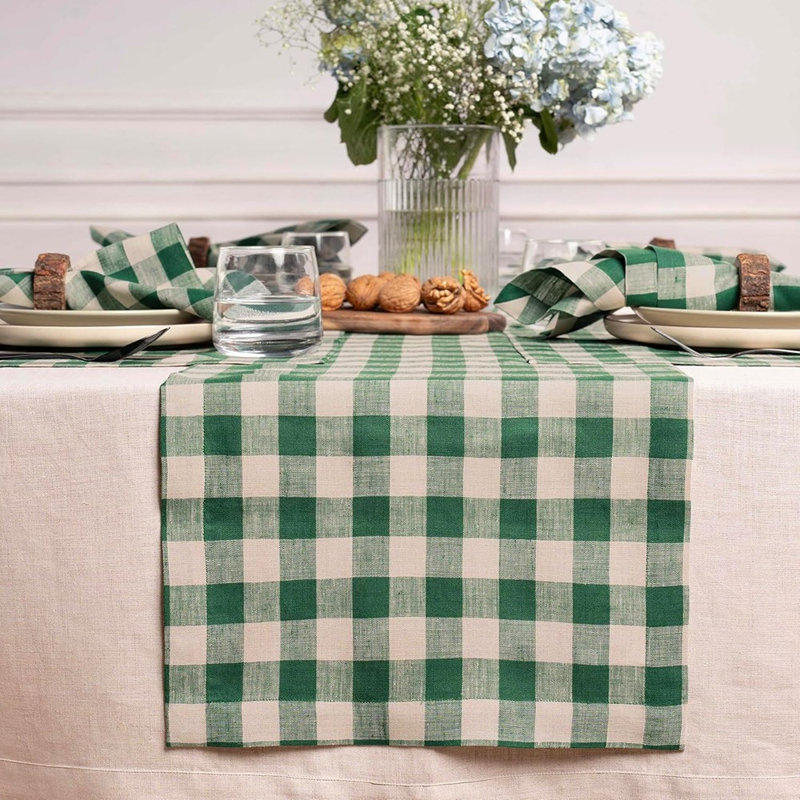 Chemin de table en lin - vert / naturel - à carreaux Buffalo, 100% lin pur, chemin de table court pour commode et table basse, printemps, décor de la Saint-Patrick et de Pâques