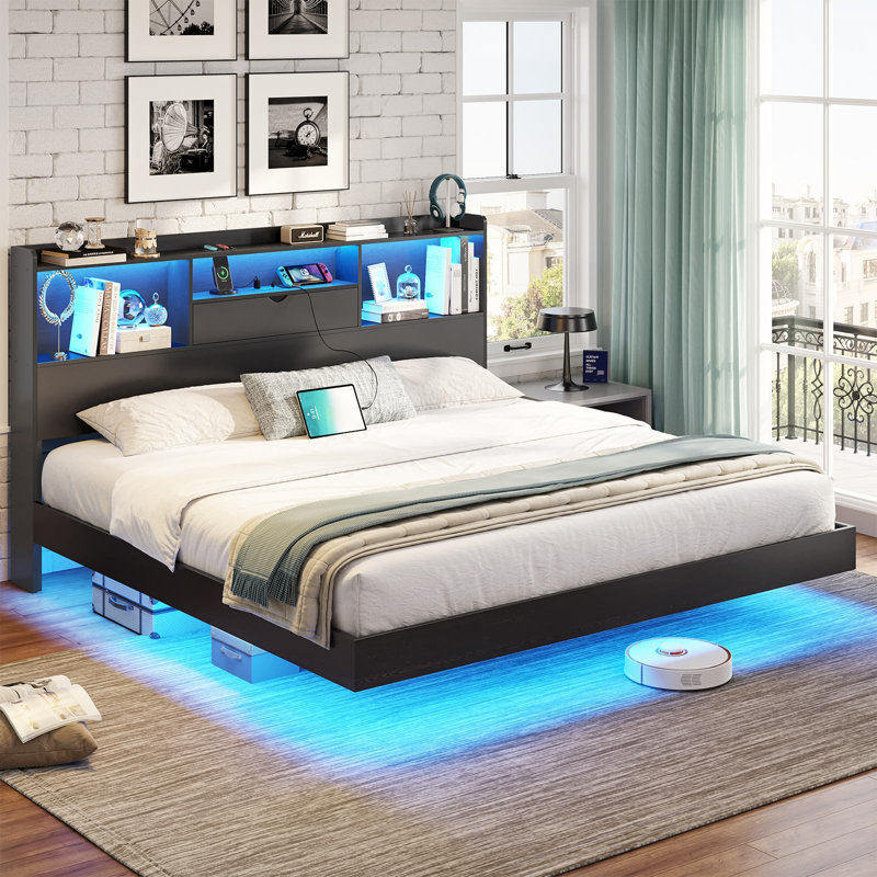 Cadre de lit flottant avec lumières à DEL et rangement pour tête de lit, lit flottant visuel avec station de charge, lit plateforme en métal avec structure stable, pas besoin de sommier, facile à assembler