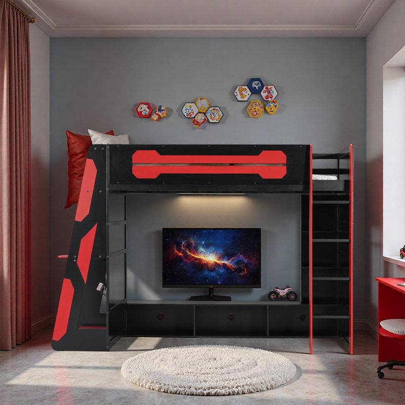 Lit mezzanine simple en bois avec bureau, tablettes multiples et lumière RVB, Rouge