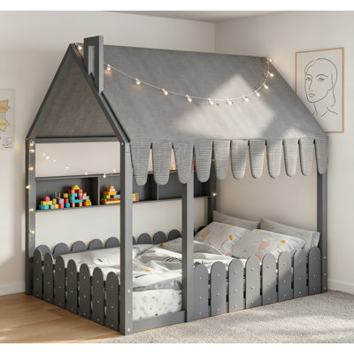 Lit double Montessori pour enfants avec garde-corps, tente, lumières et 3 tablettes de rangement, gris