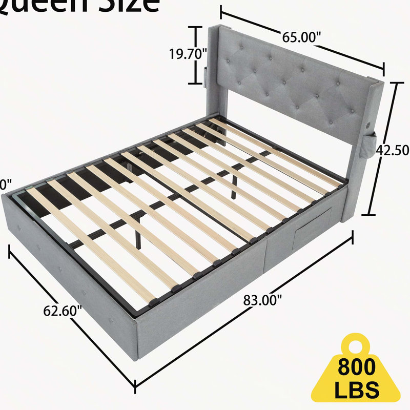 Cadre de lit grand avec rangement - Lit de rangement relevable avec tête de lit moderne à oreilles, ports USB, Gris clair