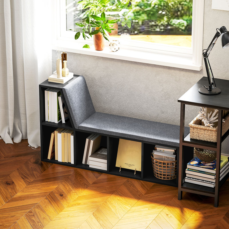 5-Cubby Bookcase with Cushioned Reading Nook, Black