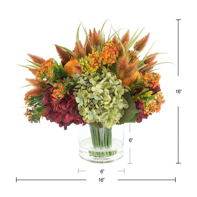 Fall Arrangement with Hydrangeas and Thistle, Green/Burgundy/Orange