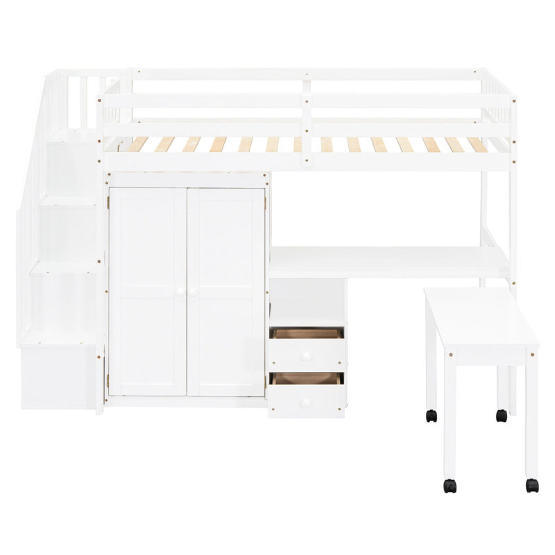 Lit mezzanine simple blanc avec rangement pour tiroirs - Escaliers, bibliothèque, bureau, garde-robe pour tiroirs intégrés pour les adolescents et la taille, bureau