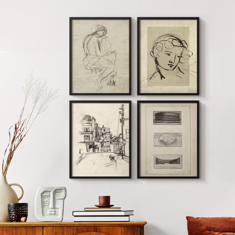 Croquis rétro CIV, ensemble de 4 reproductions encadrées, Noyer, H 10 po x l 32 po