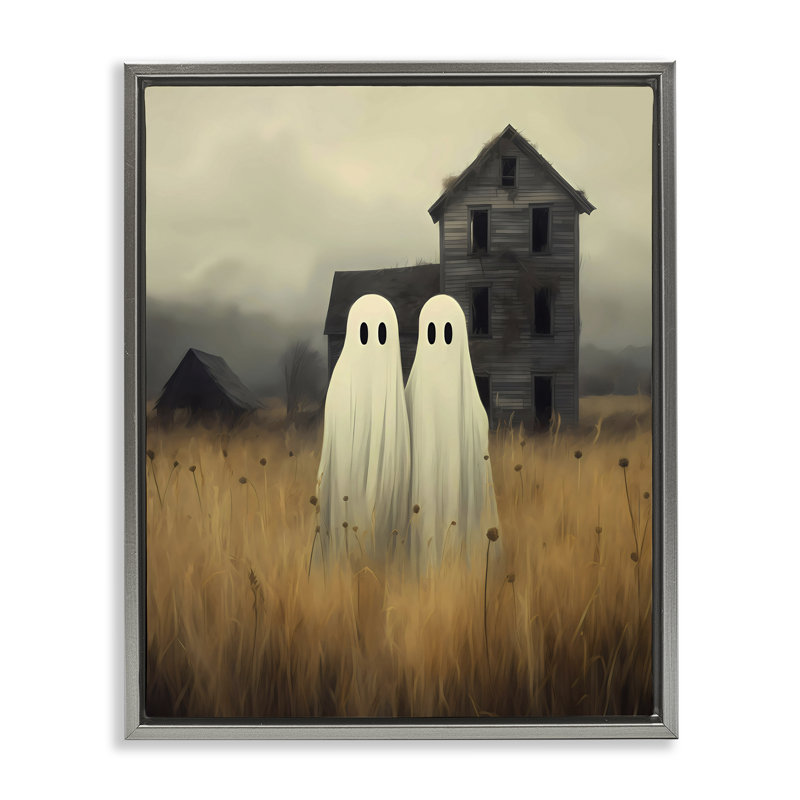 Cadre flottant Spooky Farmhouse Ghost Duo, design par LSR Design Studio, Cadre flottant gris lustré, H 31 po x l 25 po