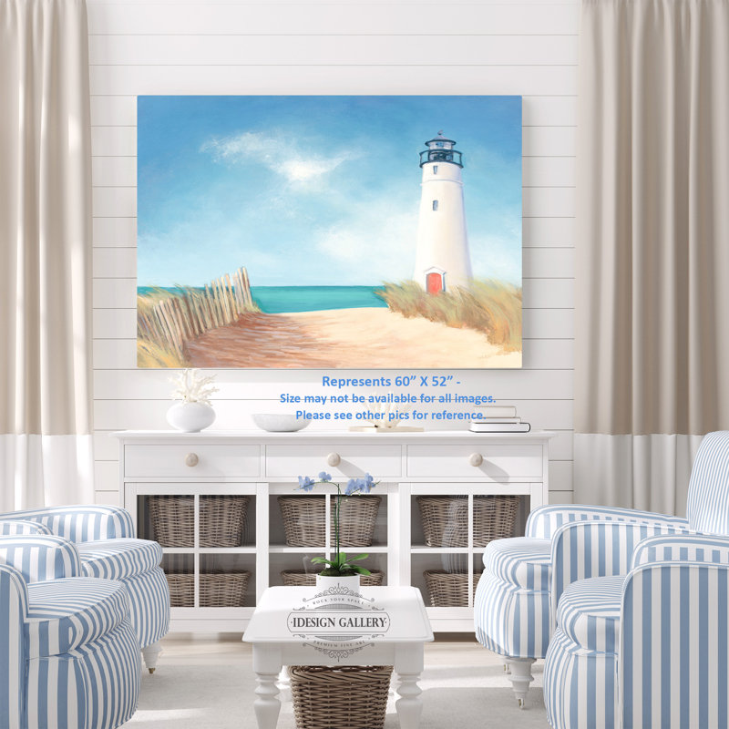 Phare, plage, sable, bord de mer, hautes herbes douces, bleu, rouge, brun clair, H 16 po x l 24 po x P 1,5 po