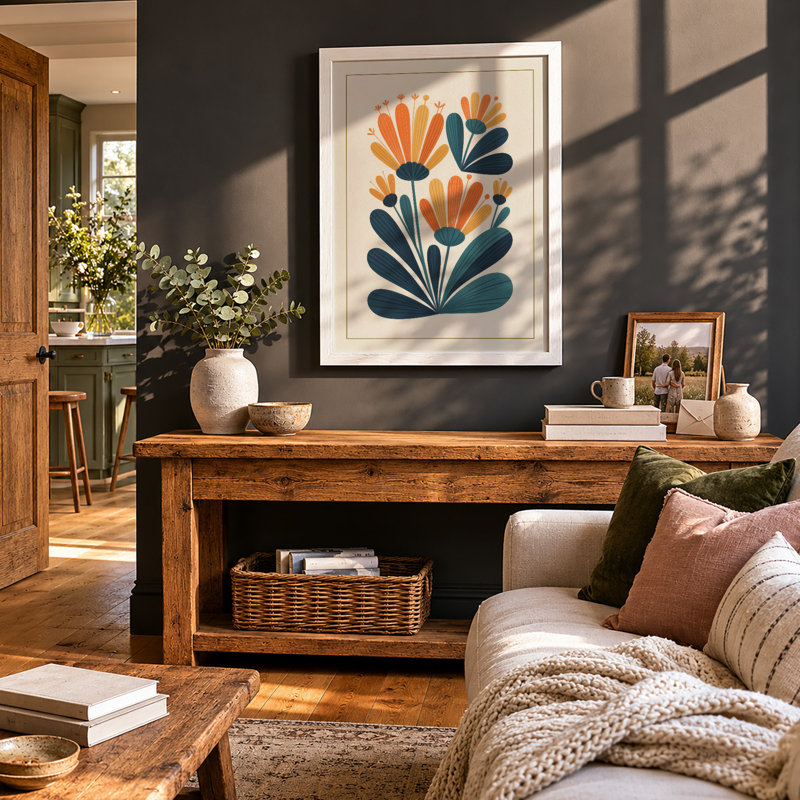 Symmetrical Floral Study Mid-Century - Framed Print, A1 - 84.1 x 59.4 cm, White