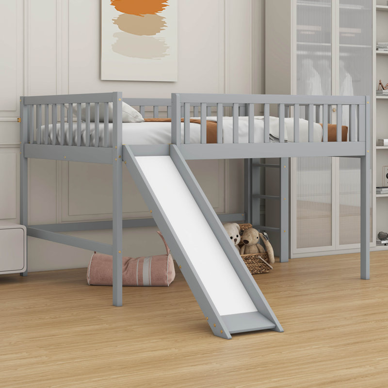 Aracelli Low Loft Bed With Ladder And Slide, Gray, Full
