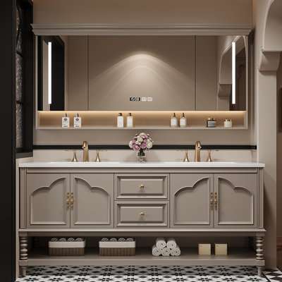 Retro floor-standing double-basin bathroom cabinet