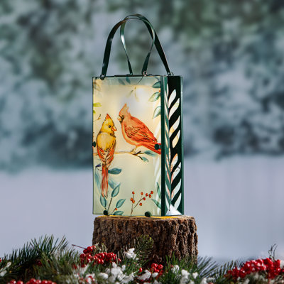 Hand Painted Glass Cardinals Solar Lantern