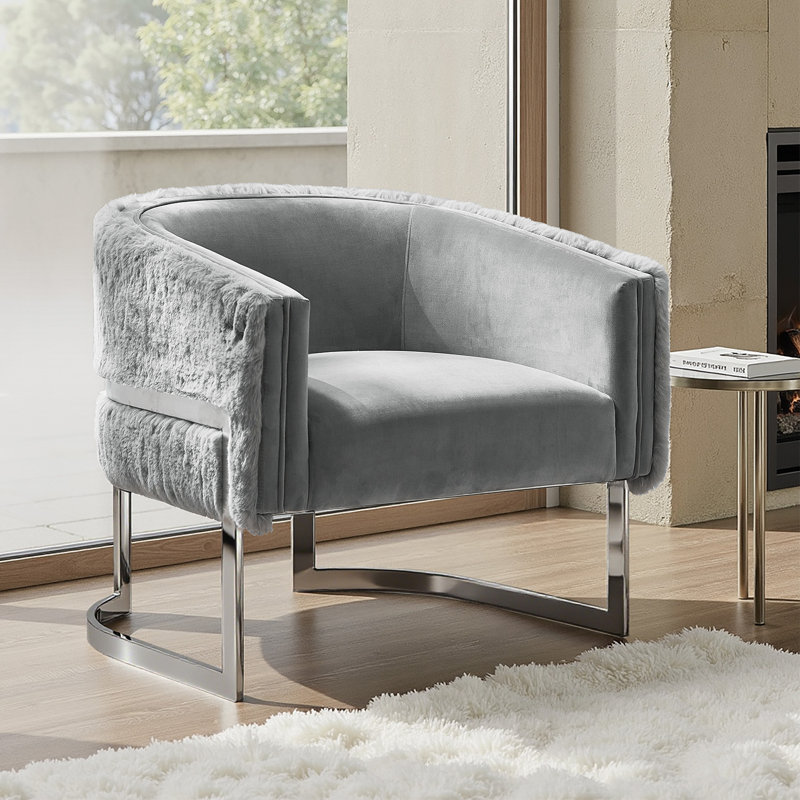 Rosetta 31" W Glam Faux Fur Fully Assembled Barrel Chair with Highly Polished Steel Legs, Gray