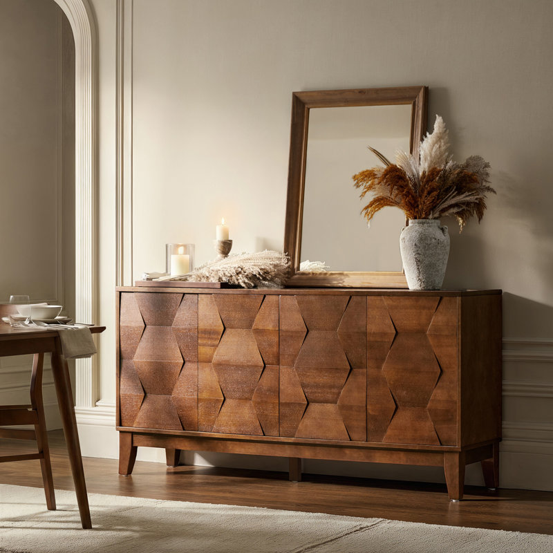 Buffet en bois massif à 4 portes avec tablettes réglables Isabele, Noyer
